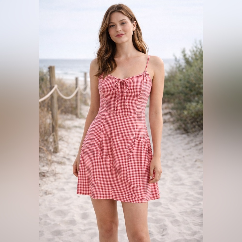 Red Gingham Mini Dress Tie Front Spaghetti Strap Summer Dress Size S